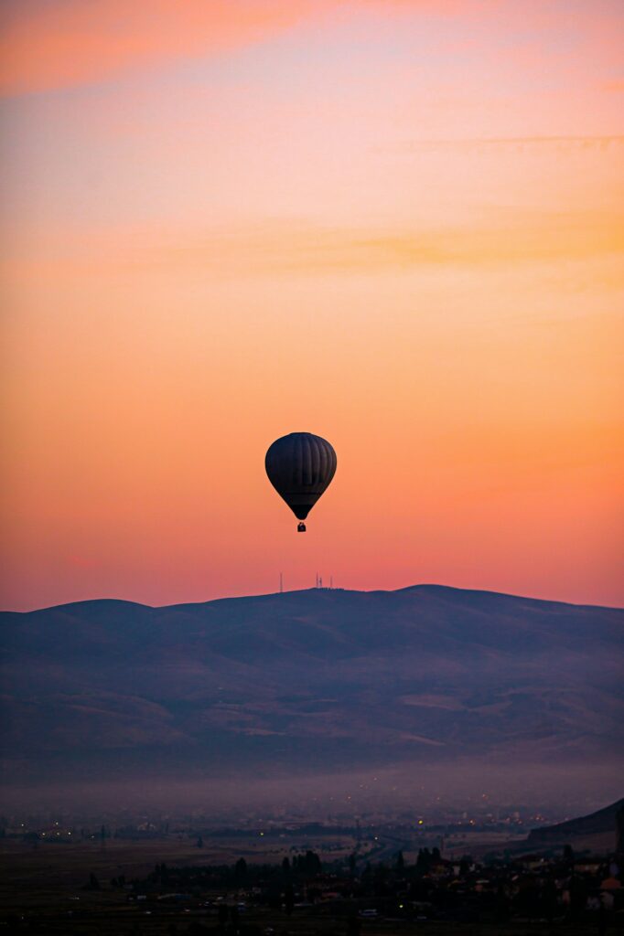 Bright hot air balloons in sky of Cappadocia, Turkey